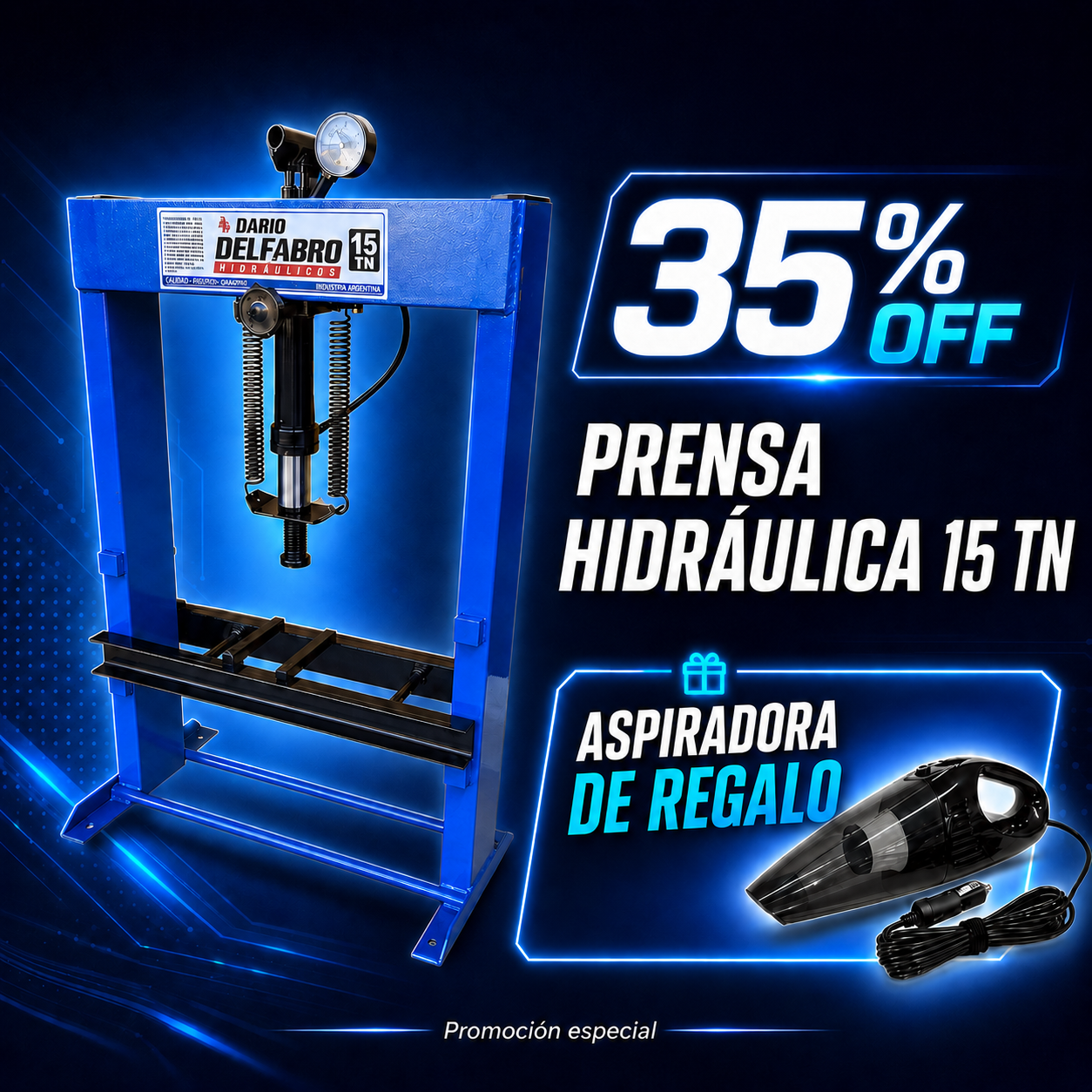 Prensa Hidráulica Manual 15 Toneladas – Banco de 2 Columnas Liviana + Aspiradora 12V DE REGALO !